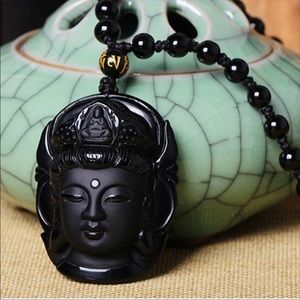 Black Natural Obsidian Carved Kwan-Yin Pendant
